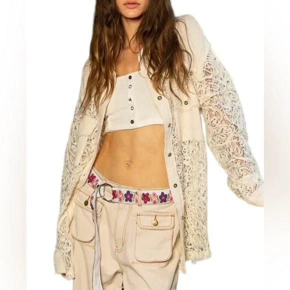 NEW POL Natural Lace Gauze Shacket Size Small - Picture 1 of 3